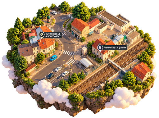 Illustration 3D du quartier du Guichet à Orsay, avec l'auto-école et la gare